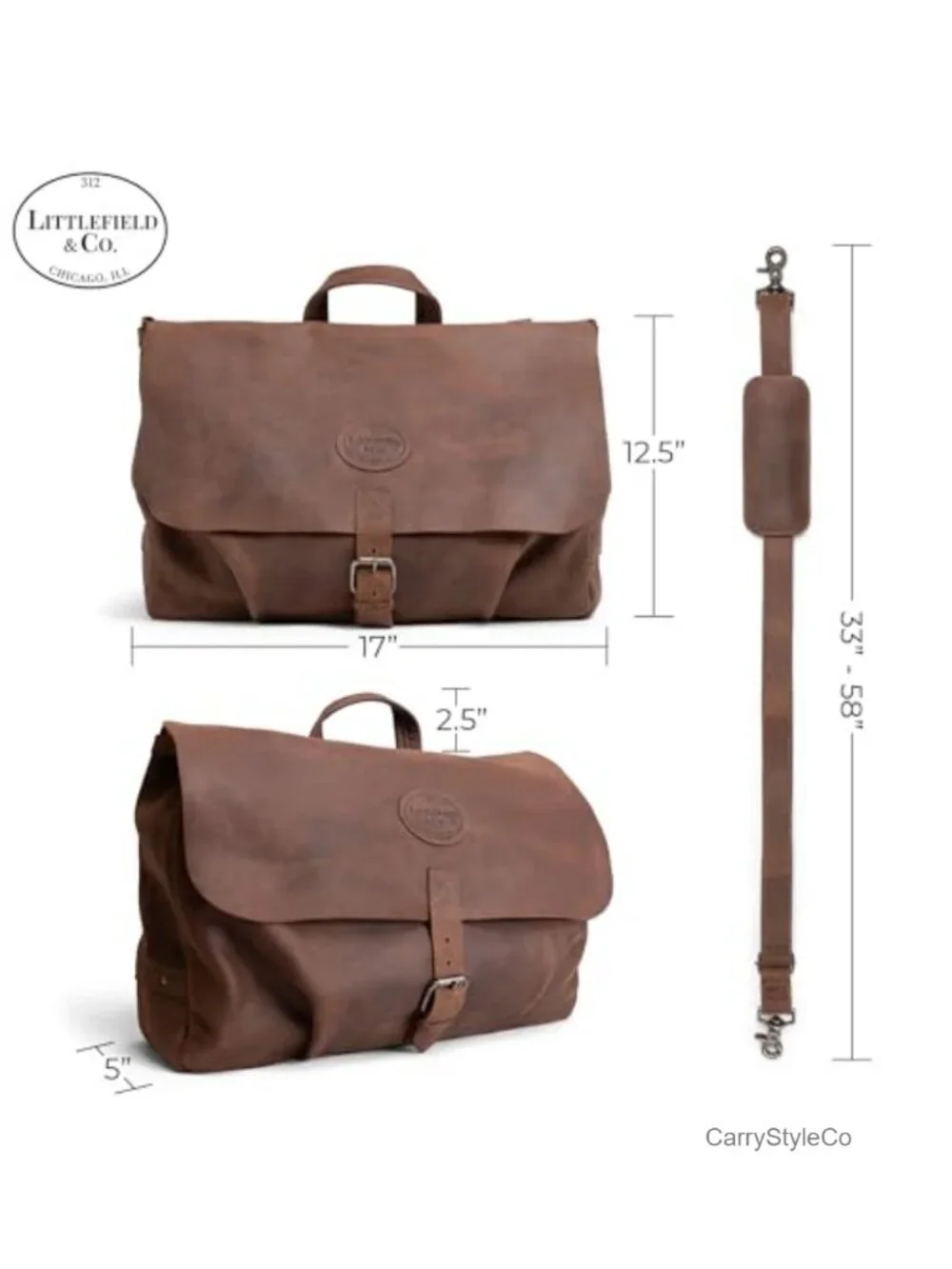 Handmade Full Grain Leather Messenger Bag with Adjustable Shoulder Strap, Large